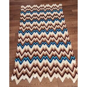 Vtg Chevron Crochet Pattern Afghan Throw Brown/Blue 57x36